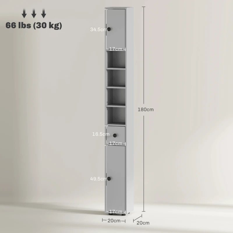kleankin 180cm Slim Bathroom Cabinet, with Drawer, Shelves and Cupboards - Grey