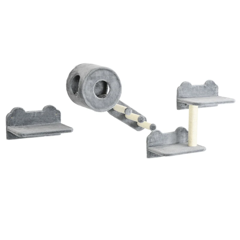 PawHut 4PCs Wall-Mounted Cat Tree, with Steps, Perch, Cat House - Grey