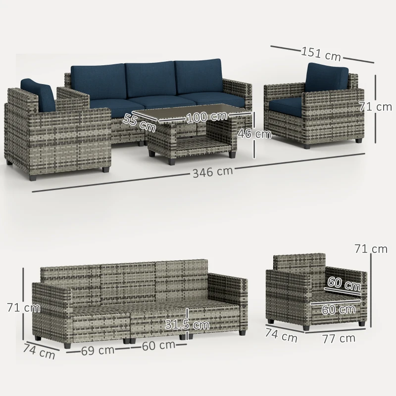 Outsunny Six-Piece Modular Rattan Sofa Set - Navy Blue