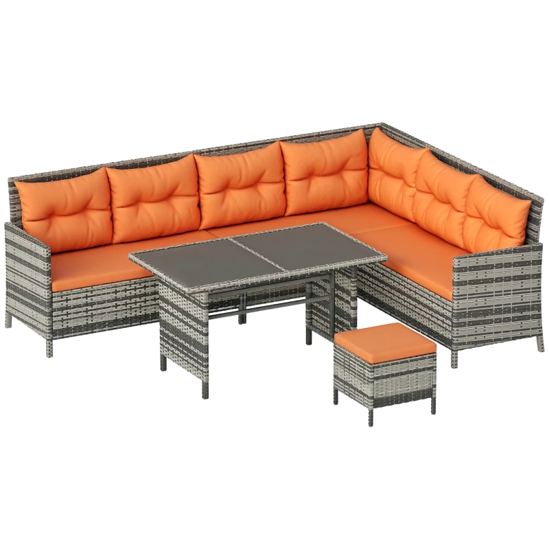 Outsunny 7-Seater Patio wicker Sofa Set Rattan Chair Furniture w/ Glass & Cushioned, Orange