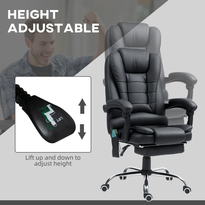Vinsetto Ergonomic Massage Office Chair with 6-Point Vibrating & Heated Lumbar Support, Executive High Back Computer Desk Chair with Footrest, 135° Reclining, PU Leather, Black