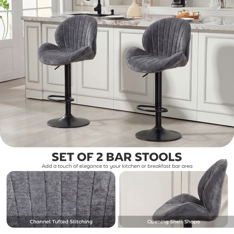 HOMCOM Bar Stools Set of 2, Swivel Barstools with Back, Adjustable Height and Footrest for Kitchen Island, Dining Room, Grey