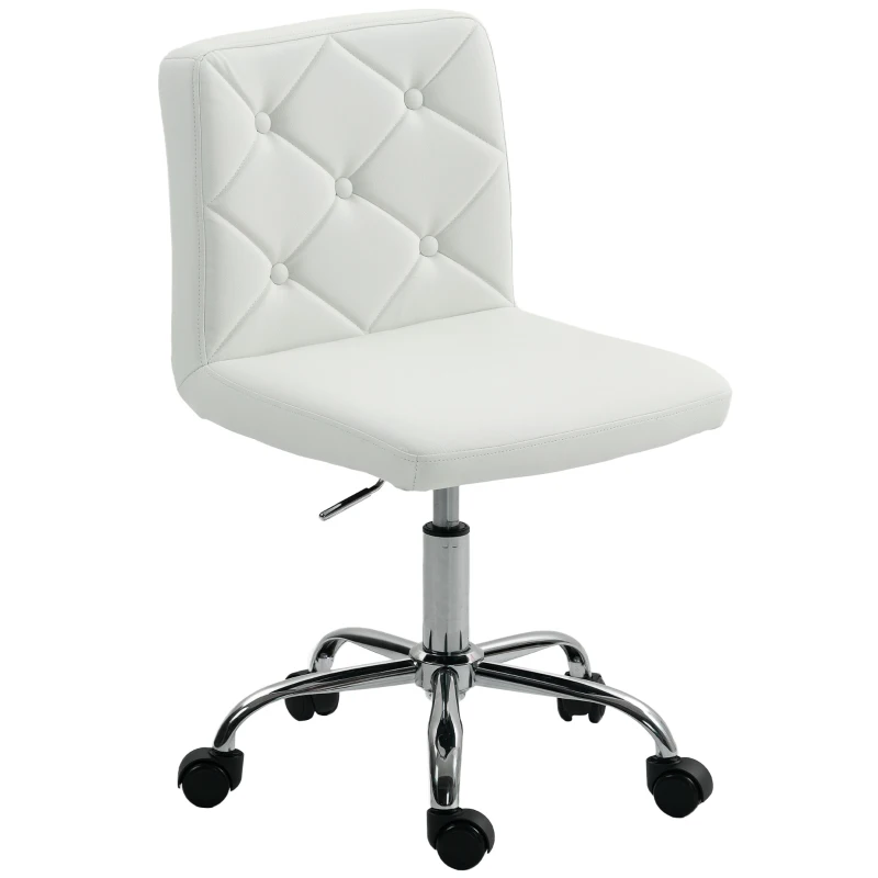 HOMCOM PU Leather Armless Office Chair, Modern Vanity Computer Swivel Chair with Rolling Wheels and Adjustable Height for Home Study, Bedroom, White
