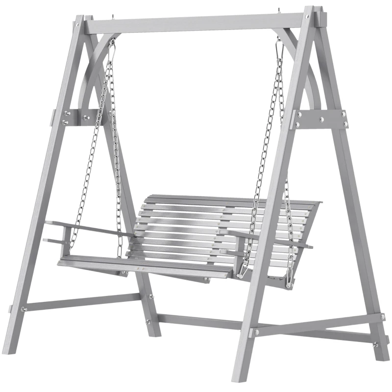Outsunny 2 Seater Garden Swing Seat, Wooden Swing Chair Bench with Cup Holders for Outdoor Porch Patio, Grey
