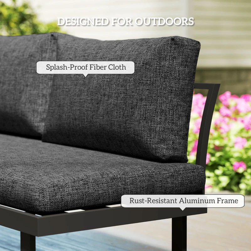 Outsunny 4 Seater L Shaped Aluminium Sectional Garden Furniture Set with 2 Loveseats and Wood-Plastic Coffee Table - Dark Grey