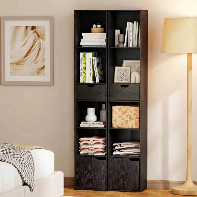 HOMCOM 4 Open-Shelf Bookshelf Rack with Cabinet and Drawer, 30x24x158 cm, Black