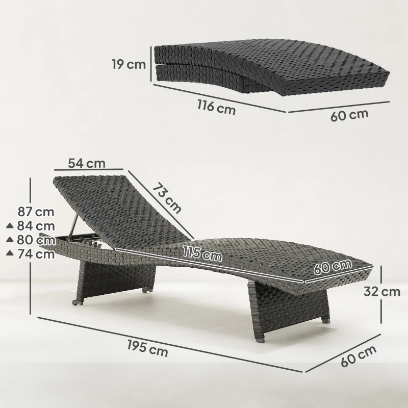 Outsunny Outdoor PE Rattan Sun Lounger, Folding Wicker Garden Lounger Recliner with 4-Level Adjustable Backrest, Rolling Sunbed Lounge Chair with Wheels, Non-Slip Legs for Balcony, Beach, Black