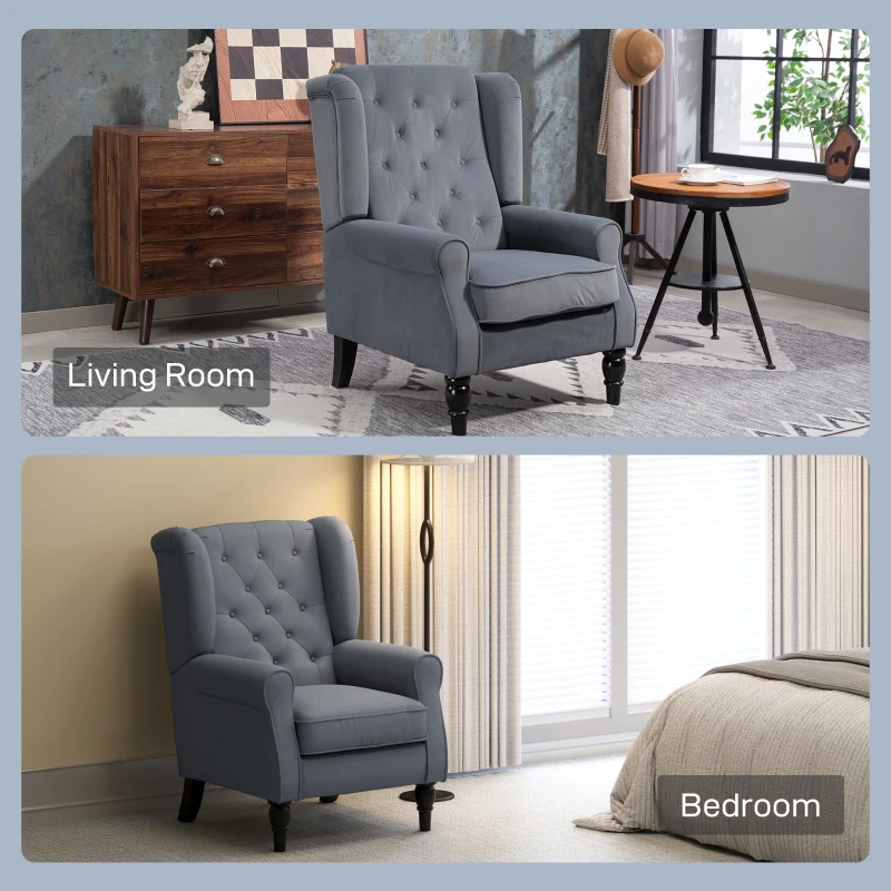HOMCOM Wingback Accent Chair, Retro Upholstered Button Tufted Occasional Chair for Living Room and Bedroom, Grey