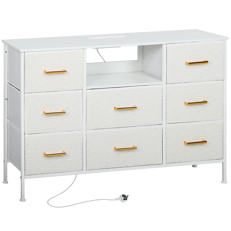 HOMCOM Boucle Chest of Drawers, 8 Fabric Drawers Storage Organiser with Charging Station, 2 USB and 2 AC Ports, Steel Frame, Fabric Dresser for Living Room, Bedroom, Hallway, Cream White