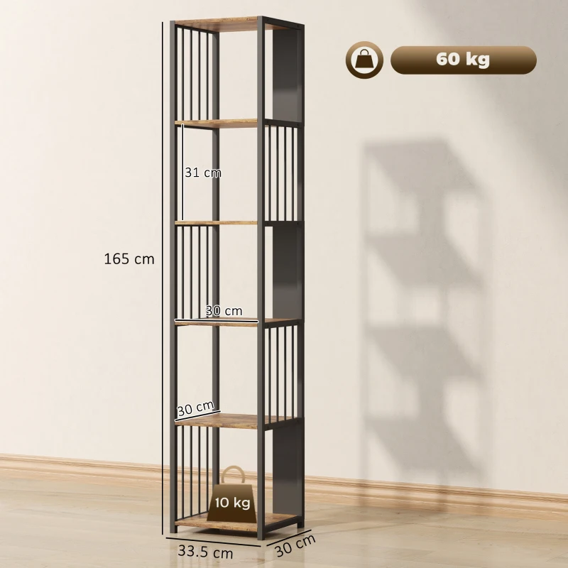 HOMCOM 5-Tier Bookshelf with Steel Frame - Rustic Brown