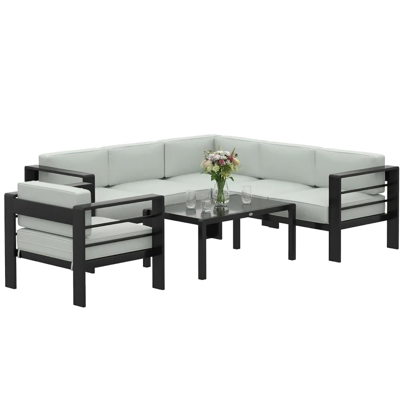 Outsunny 5-Piece Garden Corner Sofa Set with Cushions, 6 Seater Aluminium Garden Furniture Set with Coffee Table, Light Grey