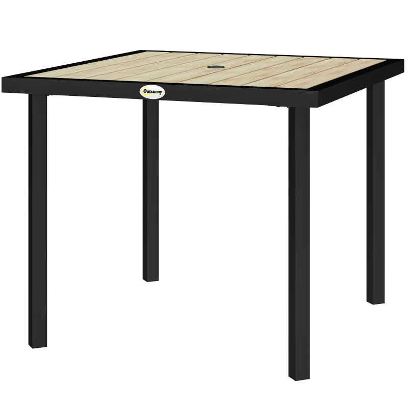 Outsunny Square Garden Dining Table with 5.4cm Parasol Hole, Slatted Top, Metal Frame, 86 x 86 x 71cm, Brown
