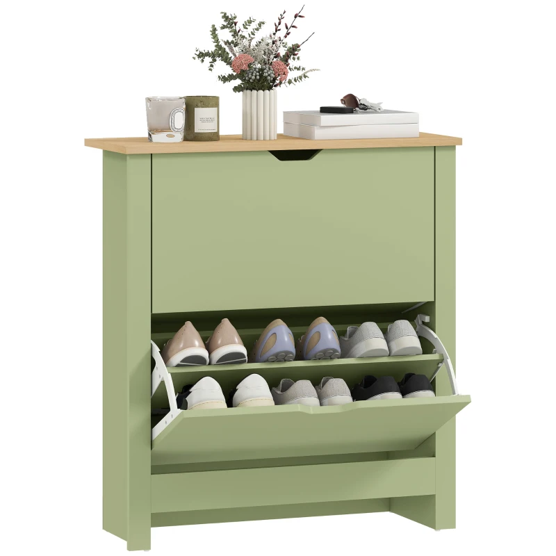 HOMCOM Slim Shoe Cabinet, Narrow Shoe Cupboard with 2 Flip Drawers, Adjustable Shelves for 12 Pairs of Shoes, Green
