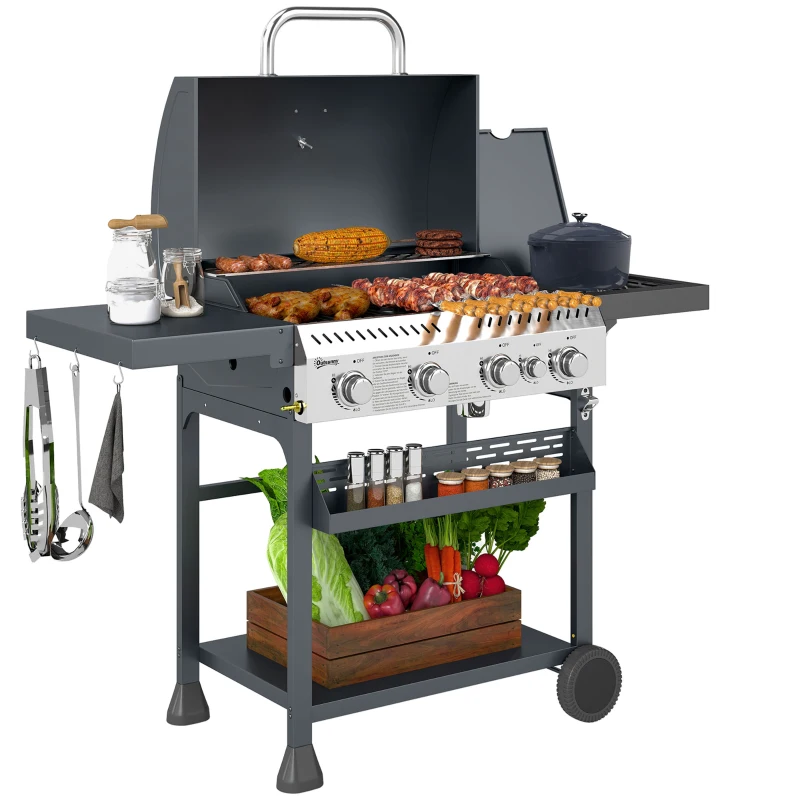 Outsunny Five-Burner Steel Gas Grill, with Thermometer - Black