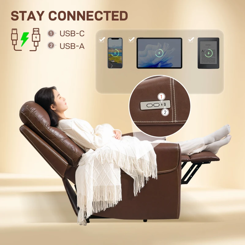 HOMCOM Power Lift Recliner Chair for Elderly, Overstuffed Faux Leather Riser and Reclining Chair with USB A+C Ports, Recliner Armchair for Living Room, Brown