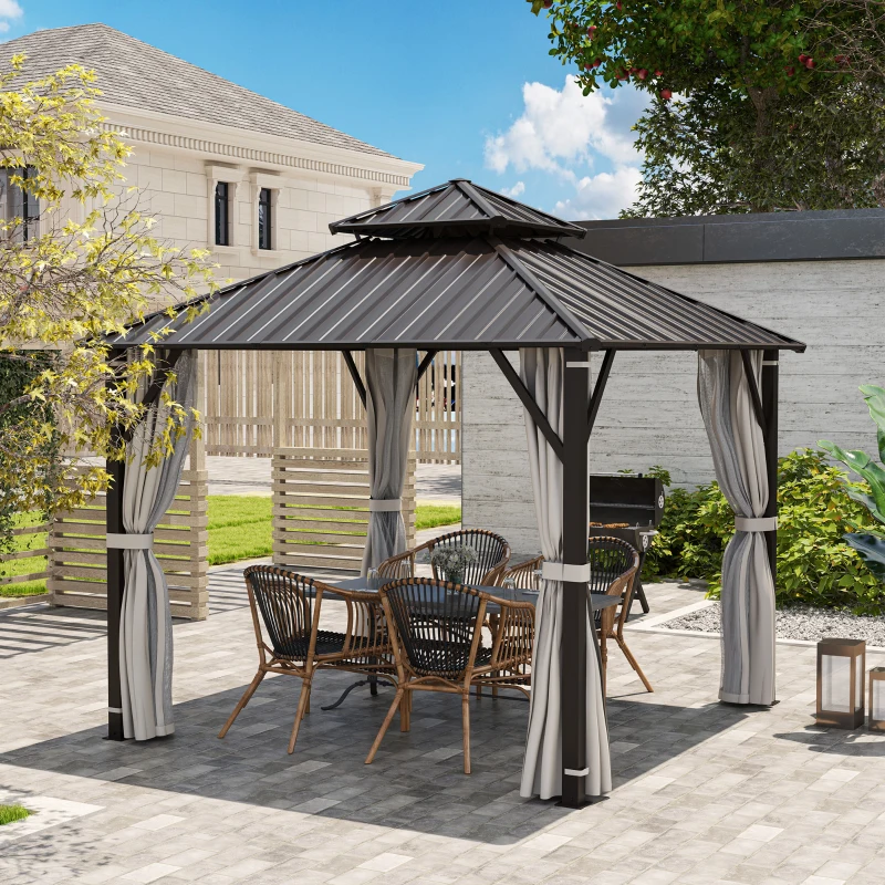 Outsunny 3 x 3(m) Hardtop Gazebo Canopy with Double Metal Roof, Waterproof Permanent Pavilion Garden Gazebo with Netting and Curtains, Easy to Assemble, Beige
