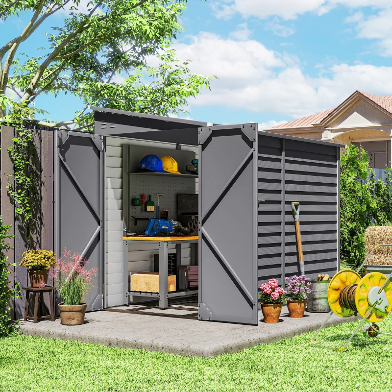 Outsunny 5 x 9ft Galvanised Metal Garden Shed with Foundation Kit, Outdoor Lean-to Shed, Tool Storage House for Garden, Grey