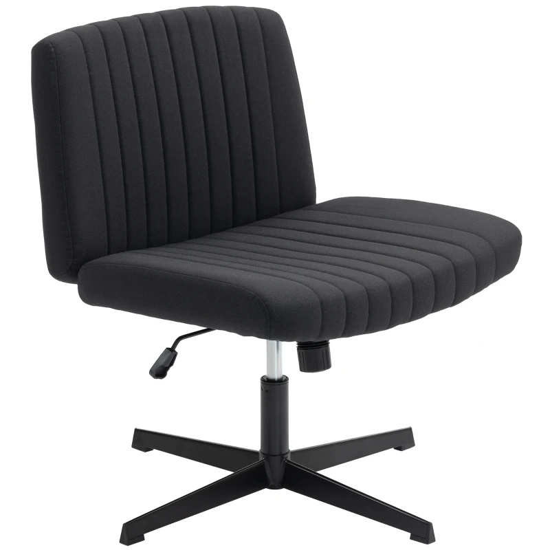 HOMCOM Armless Office Chair No Wheels, Linen Fabric Criss Cross Legged Desk Chair with Wide Seat, Thick Padding, Tilt Function, Height Adjustable Swivel Computer Seat for Home, Black