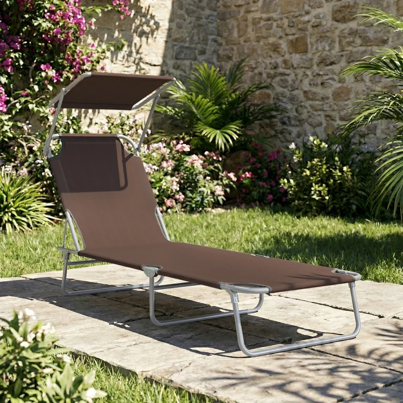 Outsunny Lettino Sdraio da Esterno, Sedia Sdraio da Esterno Pieghevole e Regolabile con Tettuccio in Tessuto Marrone, 187x58x36cm