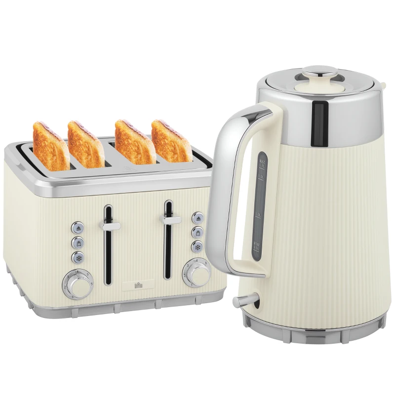 HOMCOM Electric Stainless Steel Kettle and Toaster Set, 3000W 1.7L UK Strix Thermostat Fast Boil Kettle w/ Limescale Filter, Cool Touch Body, 4 Slice Toaster with 7 Browning Levels, Cream White