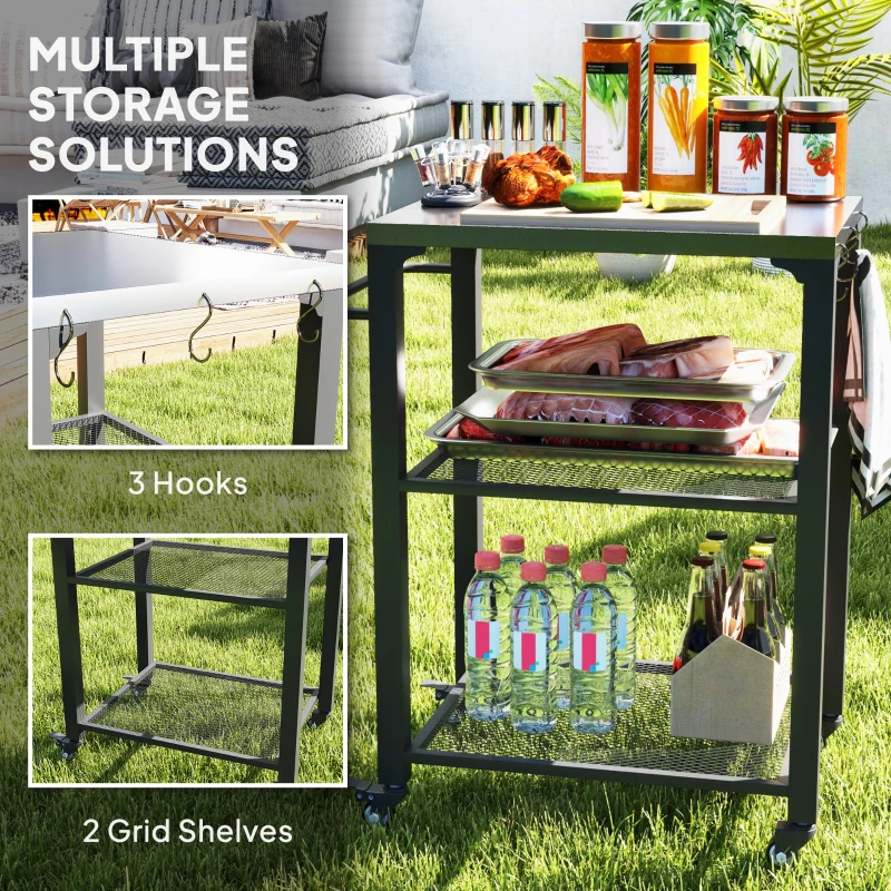 Outsunny Three-Shelf Outdoor Grill Cart with Stainless Steel Top, Outdoor Kitchen Island with 4 Wheels, 3 Hooks, Movable Food Prep Barbecue Pizza Oven Table for Kitchen, Garden, 65.5 x 41 x 79 cm