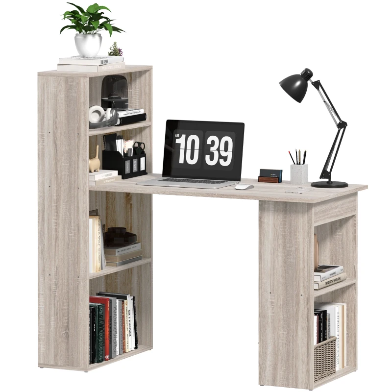 HOMCOM 120cm Computer Desk, Wooden PC Laptop Table with 6-Tier Storage Bookshelves, Home Office Working Study Desk, Writing Workstation, Grey