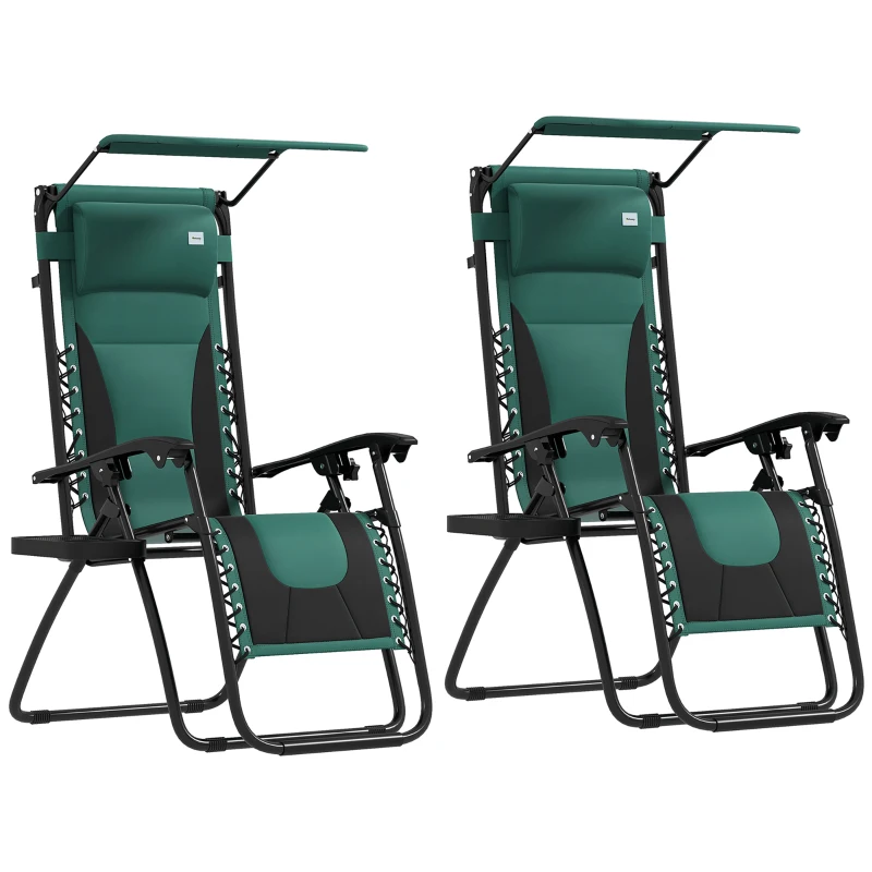 Outsunny Zero Gravity Lounger Chair Set of 2, Folding Reclining Patio Chair with Shade Cover, Padded Seat, Cup Holder, Soft Cushion and Headrest for Poolside, Camping, Green