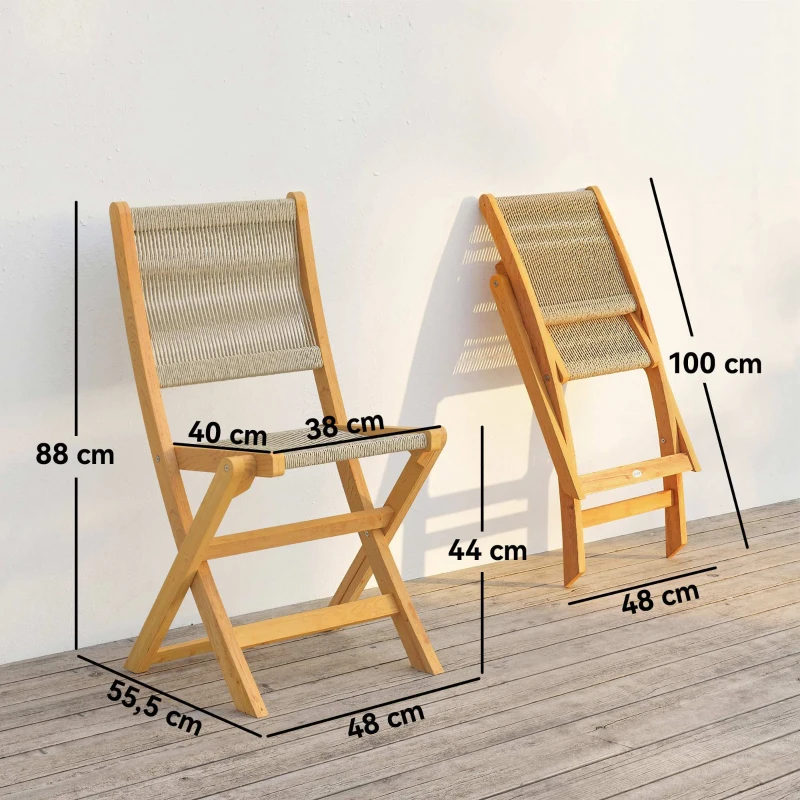 Outsunny Lot de 2 Chaises de Jardin Pliantes Chaises de Balcon en Bois d'Acacia FSC Assise en Corde Tressée Naturel et Beige