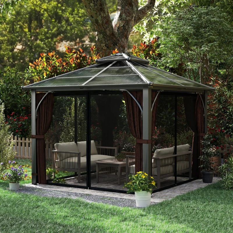 Outsunny 3 x 3(m) Hardtop Gazebo Canopy with 7mm Polycarbonate Double-Tier Roof, Garden Gazebo Permanent Pavilion with Mosquito Netting and Curtains for Patio, Terrace, Brown