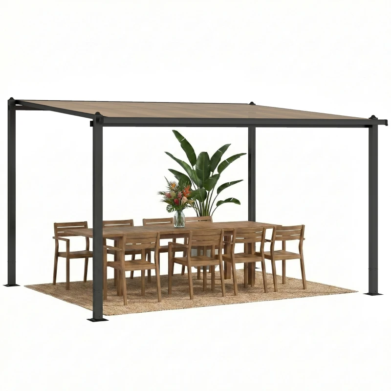 Outsunny 3.6 x 3 m Lean to Garden Pergola with PC Roof, Aluminium Frame Hardtop Gazebo Pergola with Drainage Gutters, Dark Grey