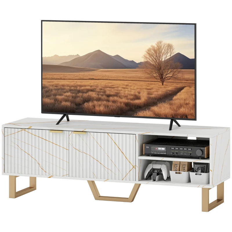 HOMCOM Marble Effect TV Unit, TV Stand Cabinet for up to 70" TVs, Modern TV Cabinet with Shelves and Storage Cupboard, Fluted Door, Extra Centre Leg, Cable Management for Living Room, White