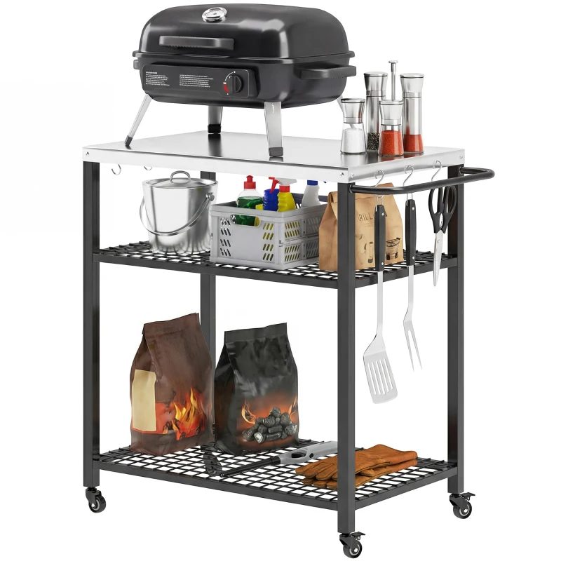 Outsunny Outdoor Grill Cart with Stainless Steel Tabletop, 3-Tier Pizza Oven Stand with 2 Shelves, 6 Hooks, Wheels, Black