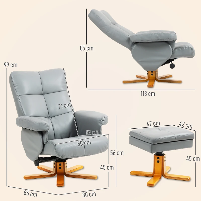 HOMCOM PU Leather Swivel Recliner Chair with Footstool, Wooden Base and Storage for Living Room, Light Grey
