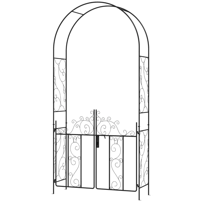 Outsunny Outdoor Garden Arch with Double Gates, Metal Garden Arbor for Climbing Plants, Roses, Vines, Wedding Arch for Outdoor, 125L x 38W x 227H cm, Black