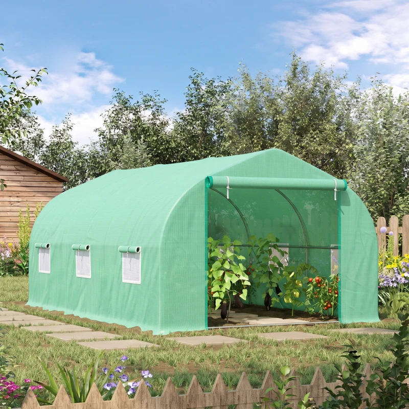 Outsunny Serra per Orto a Tunnel 4.5x3x2m con Tetto Spiovente in PE e Tubi d'Acciaio Verde Scuro