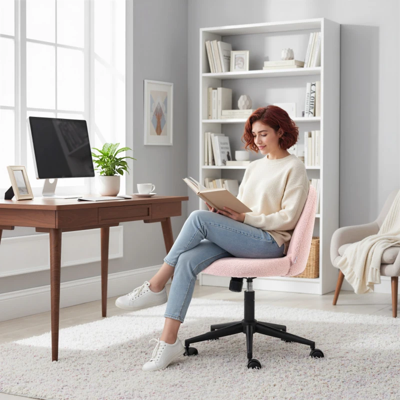 HOMCOM Teddy Fleece Office Chair with Wheels - Light Pink