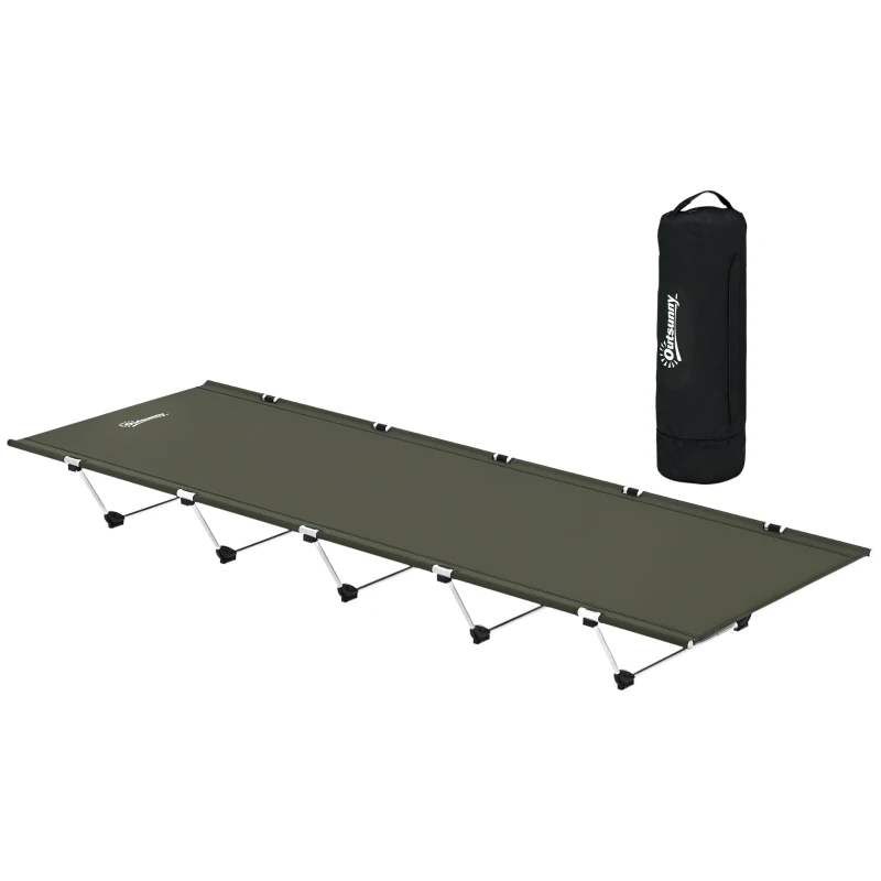 Outsunny Lightweight Camping Bed, Aluminium Portable Camp Cot w/ Strong Support 150kg and Carry Bag for Camping, Dark Green