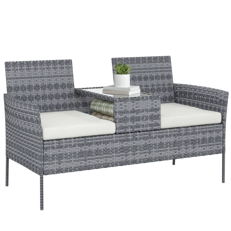 Outsunny Two-Seat Rattan Chair, with Middle Table - Grey