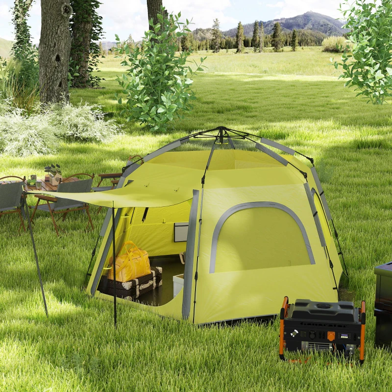 Outsunny Instant Pop Up Camping Tent, 2/3/4 Person Easy Setup Dome Family Tent with Vestibule, Rainfly, 4 Mesh Windows & 2 Doors, Hexagonal Design, Waterproof & UV Protected, Yellow Green
