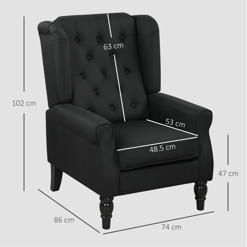 HOMCOM Wingback Accent Chair, Faux Linen Armchair with Thick Spring Cushion, High Back, Solid Wood Legs, Retro Button Tufted Reading Chair for Living Room, Bedroom, Black