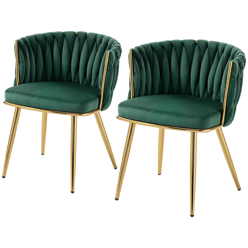 HOMCOM Velvet-Feel Dining Chairs Set of 2, Modern Upholstered Armchair with Knot Design and Golden Metal Legs, Accent Chair for Dining Room, Bedroom, Kitchen, Living Room, Dark Green