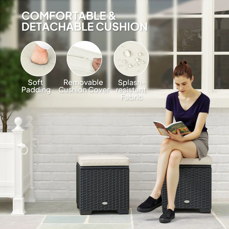 Outsunny Set of 2 Rattan Storage Ottoman, Outdoor Footstool with Removable Cushions, Garden Storage Seat for Balcony, Porch, Living Room, Cream