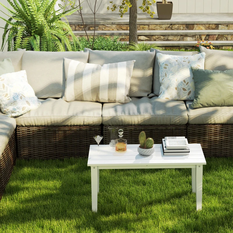 Outsunny Outdoor Garden Coffee Table, HDPE All-Weather Rectangular Outdoor Garden Table with Slatted Tabletop for Patio, Balcony, 91 x 44 x 42 cm, White