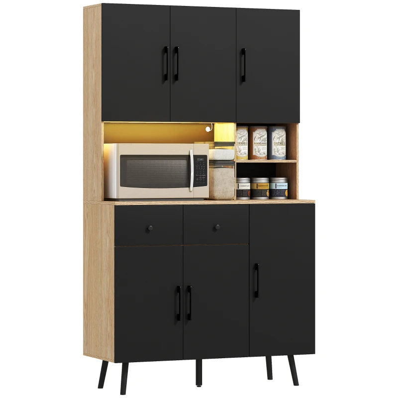 HOMCOM 176 cm Kitchen Cupboard with LED Lights - Oak and Black