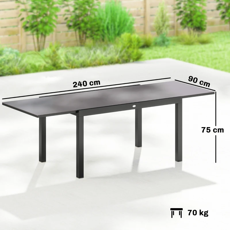 Outsunny Masă de Grădină Extensibilă pentru 8-10 Persoane cu Blat din Sticlă Temperată, din Aluminiu, 140/240x90 cm, Negru