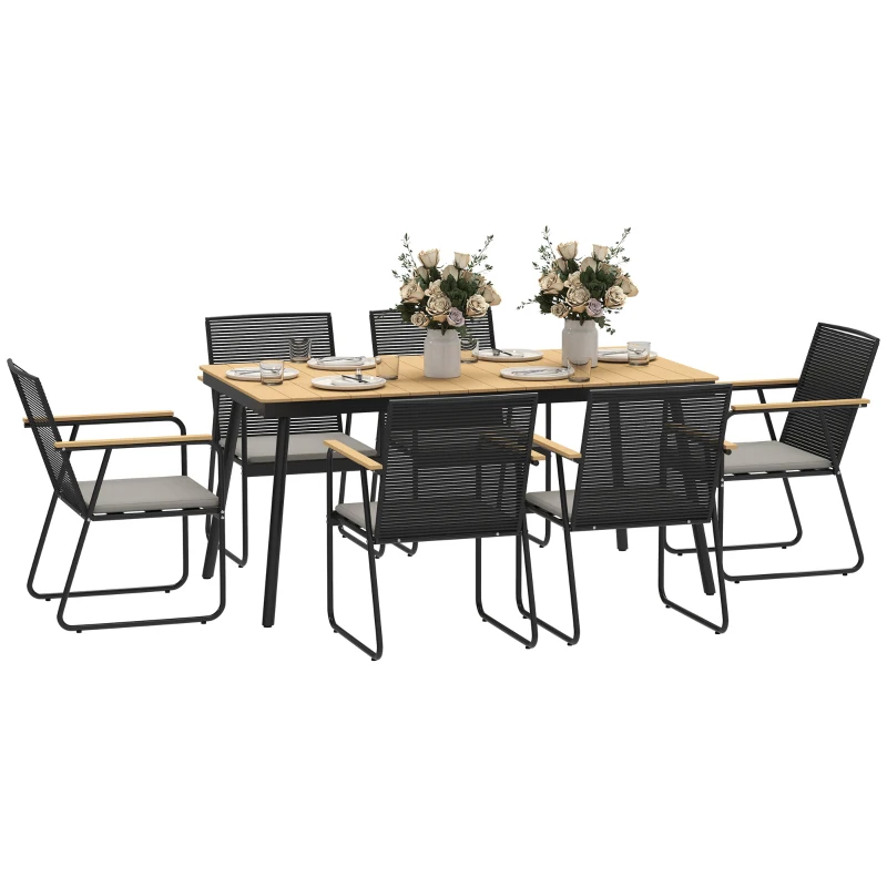 Outsunny 6‑Seater Garden Dining Set with Cushions, Rattan Backrest, Plastic Top, Garden Furniture Set, Natural Wood Finish