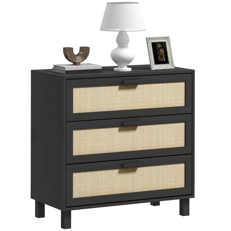 HOMCOM Rattan Bedroom Chest of Drawers, 3 Drawers Storage Unit, Boho Dresser for Living Room, Hallway, Black