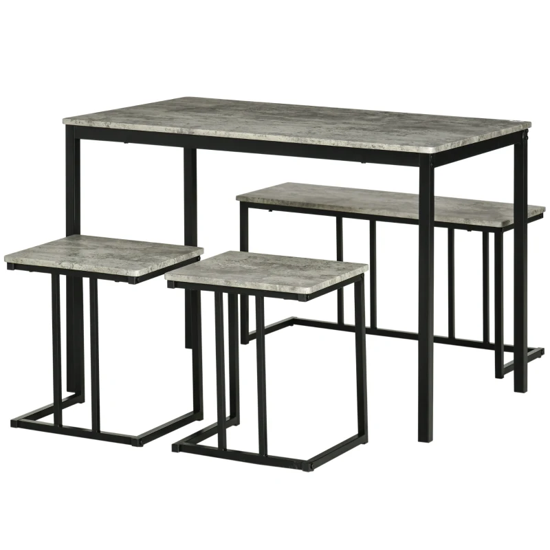HOMCOM Dining Table and Chairs Set for 4 People, Concrete Effect Kitchen Table and Bench Set with Steel Frame, 4 Piece Dining Room Sets, Grey