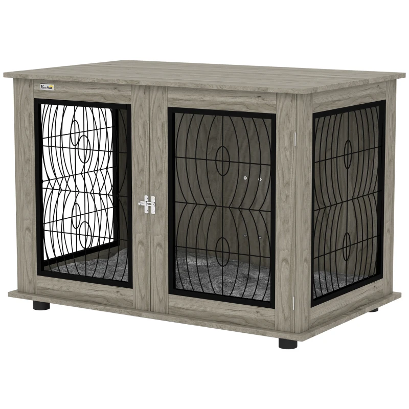 PawHut Indoor Dog Crate Furniture End Table with Soft Washable Cushion, Lockable Front Door, for Extra Large Dogs - Grey