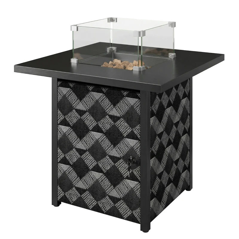 Outsunny Square Propane Gas Fire Pit Table,12 KW Firepit Outdoor Patio Heater with Glass Wind Guard, Lava Rocks, Gas Tank Holder
